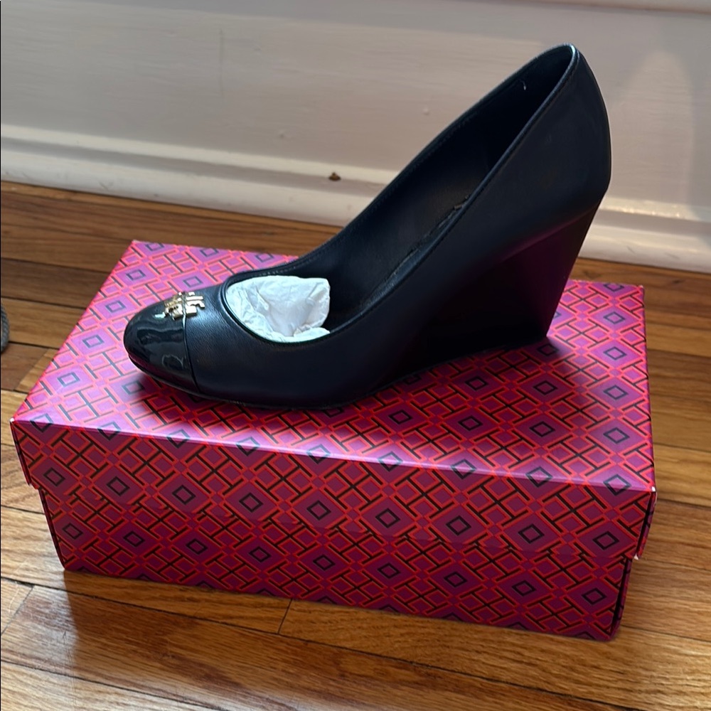 Tory Burch Classic Navy Wedge Pumps with Rounded Toe